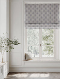 Blue Patterned Linen Roman blind - Nikolet Night Blue - Natural base fabric.
