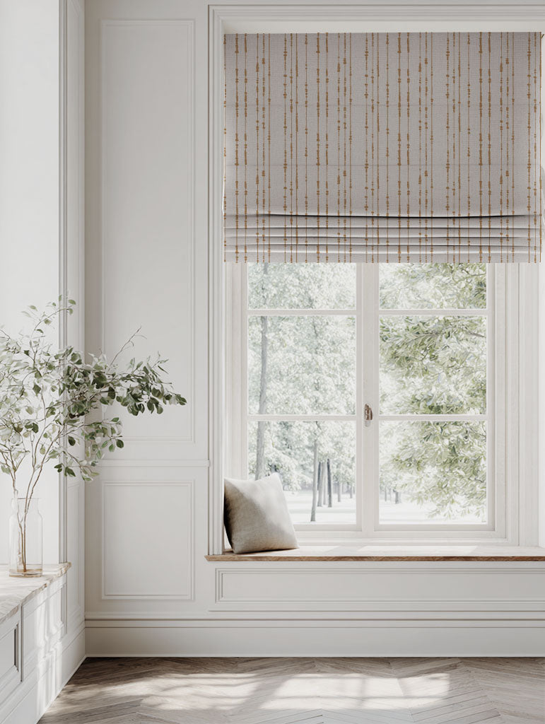 Orange / Yellow Patterned Linen Roman blind - Pearls Gold Ochre - Natural base fabric.