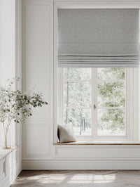 Blue Patterned Roman blind - Pia Marine - Natural base fabric.