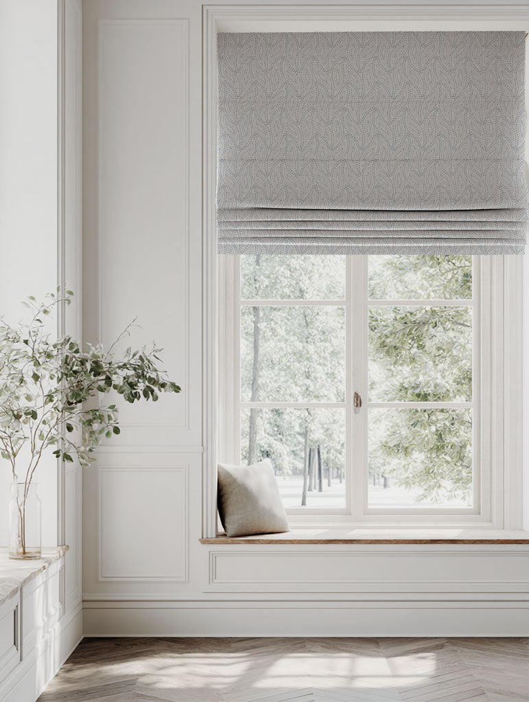 Blue Patterned Linen Roman blind - Pia True Blue - Natural base fabric.