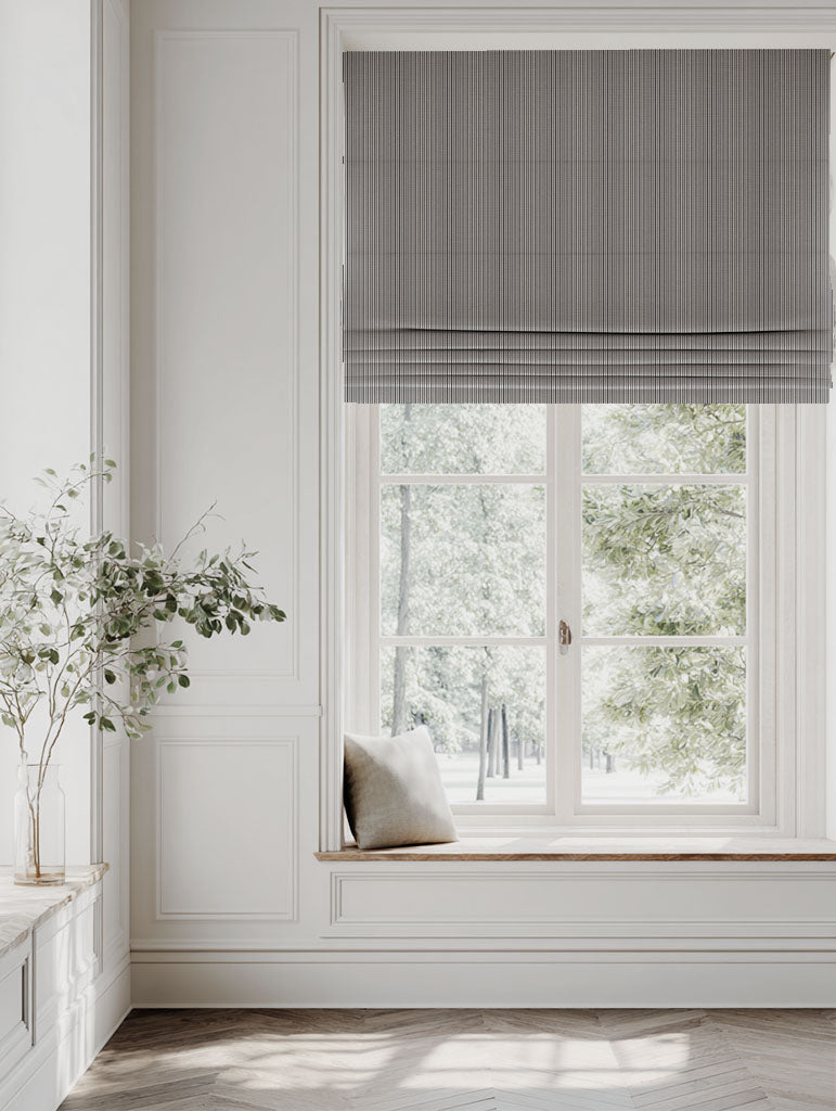 Black Striped Linen Roman blind - Pinni Noir - Natural base fabric.