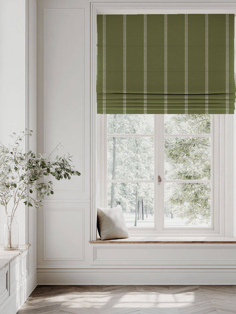 Green Striped Linen Roman blind - Rana Leaf  - Natural base fabric.