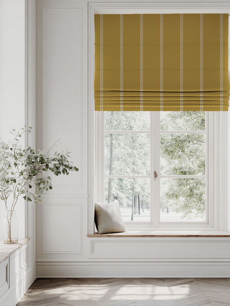 Yellow Striped Linen Roman blind - Rana Mustard - Natural base fabric.