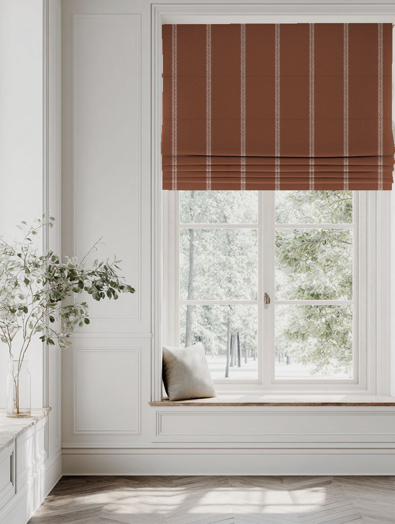 Red / Orange Striped Linen Roman blind - Rana Terracotta - Natural base fabric.