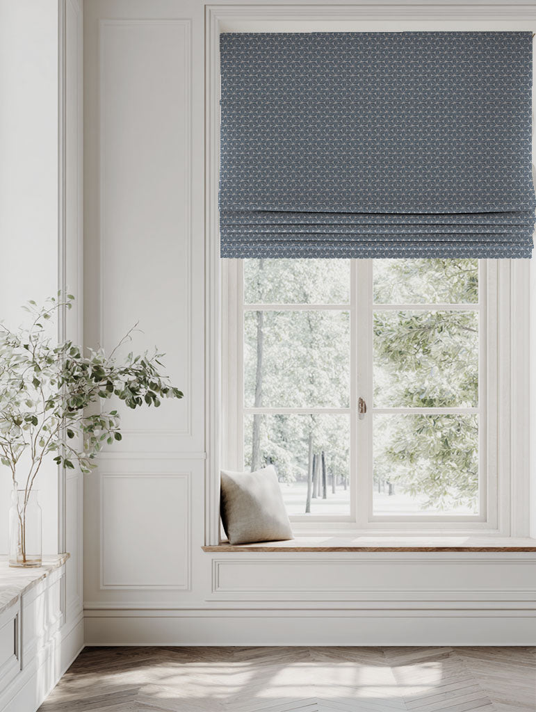 Blue Botanical Linen Roman blind - Saana Denim - Natural base fabric.