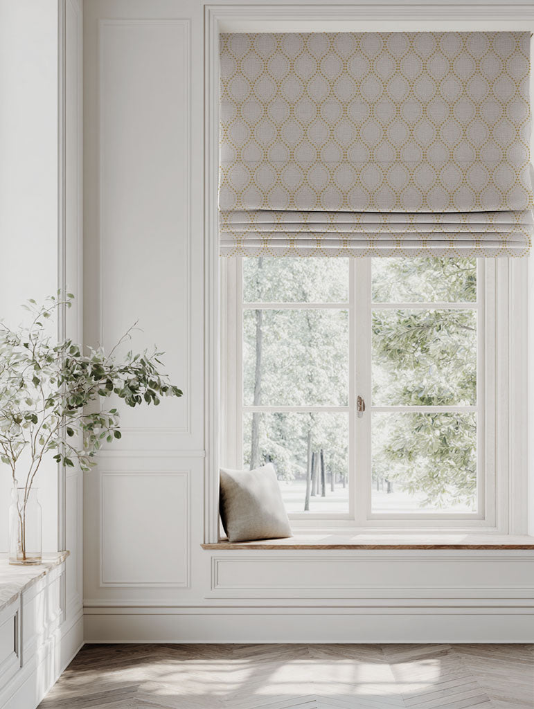 Yellow Patterned Linen Roman blind - Sara-NAT Mustard - Natural base fabric.