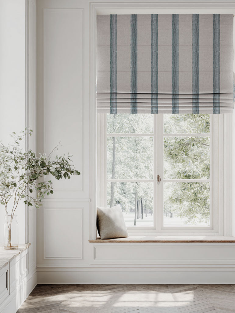 Blue Striped Linen Roman blind - Sumi Blue Stone - Natural base fabric.