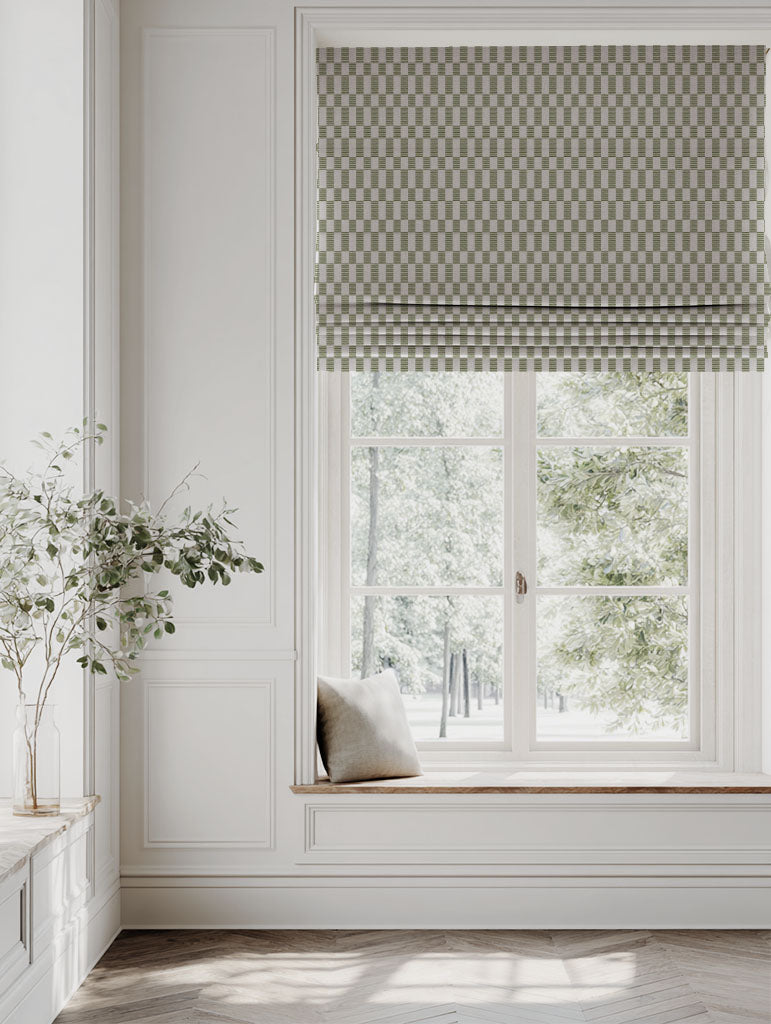 Green Checked Linen Roman blind - Sunni Khaki - Natural base fabric.