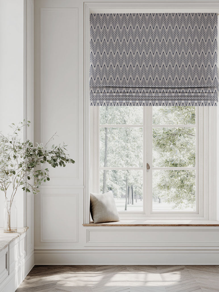 Blue Patterned Linen Roman blind - Sylvia Deep Blue - Natural base fabric.