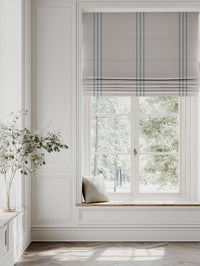 Blue Striped Linen Roman blind - Telma True Blue - Natural base fabric.