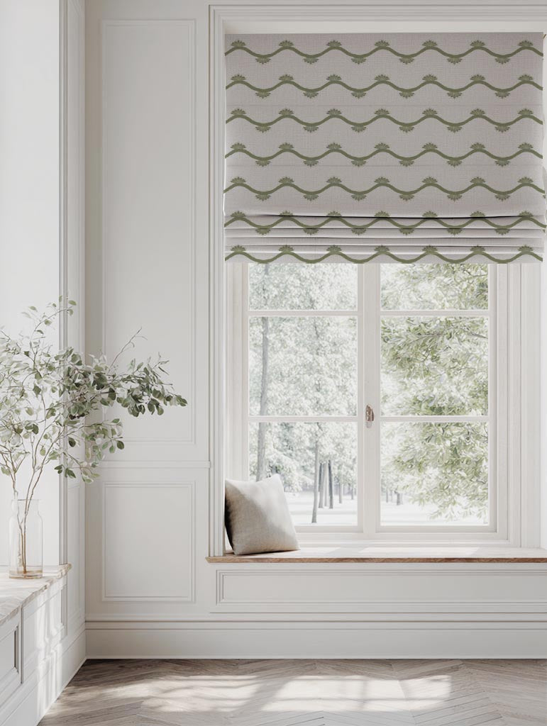 Green Abstract Linen Roman Blind - Nelani Khaki - Natural base fabric.