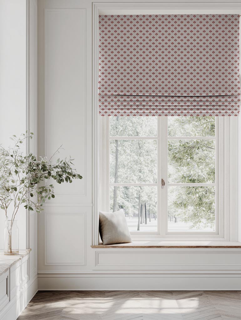 Red Botanical Linen Roman Blind - Olgie Crimson Red - Natural base fabric.