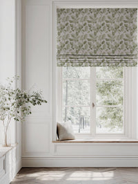 Green Botanical Linen Roman Blind - Olini Khaki - Natural base fabric.