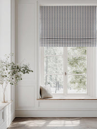 Blue Floral Stripe Linen Roman Blind - Silvian Denim - Natural base fabric.