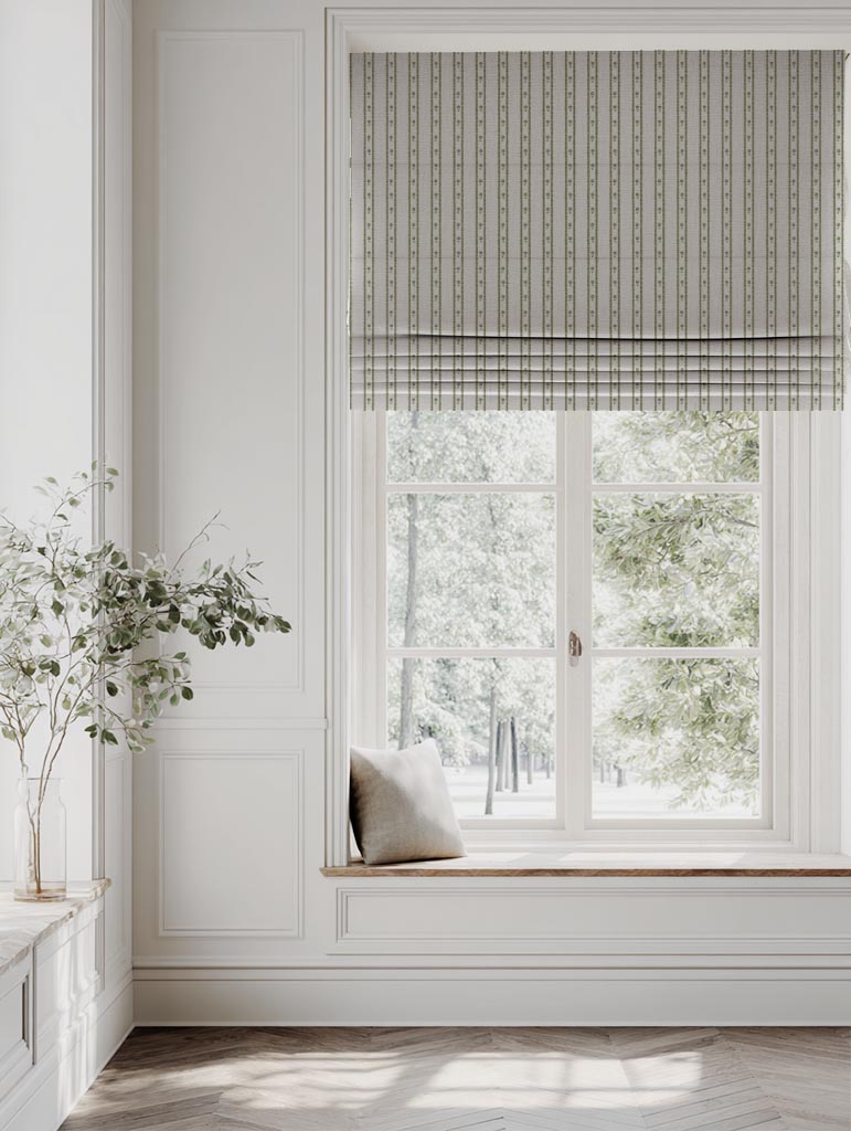 Green Floral Stripe Linen Roman Blind - Silvian Khaki - Natural base fabric.