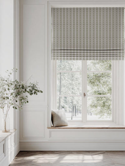Green Floral Stripe Linen Roman Blind - Silvian Khaki - Natural base fabric.
