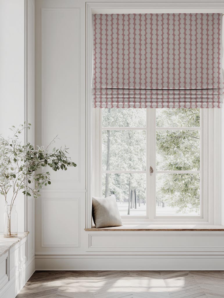 Pink Abstract Linen Roman Blind - Telita Dusty Pink - Natural base fabric.