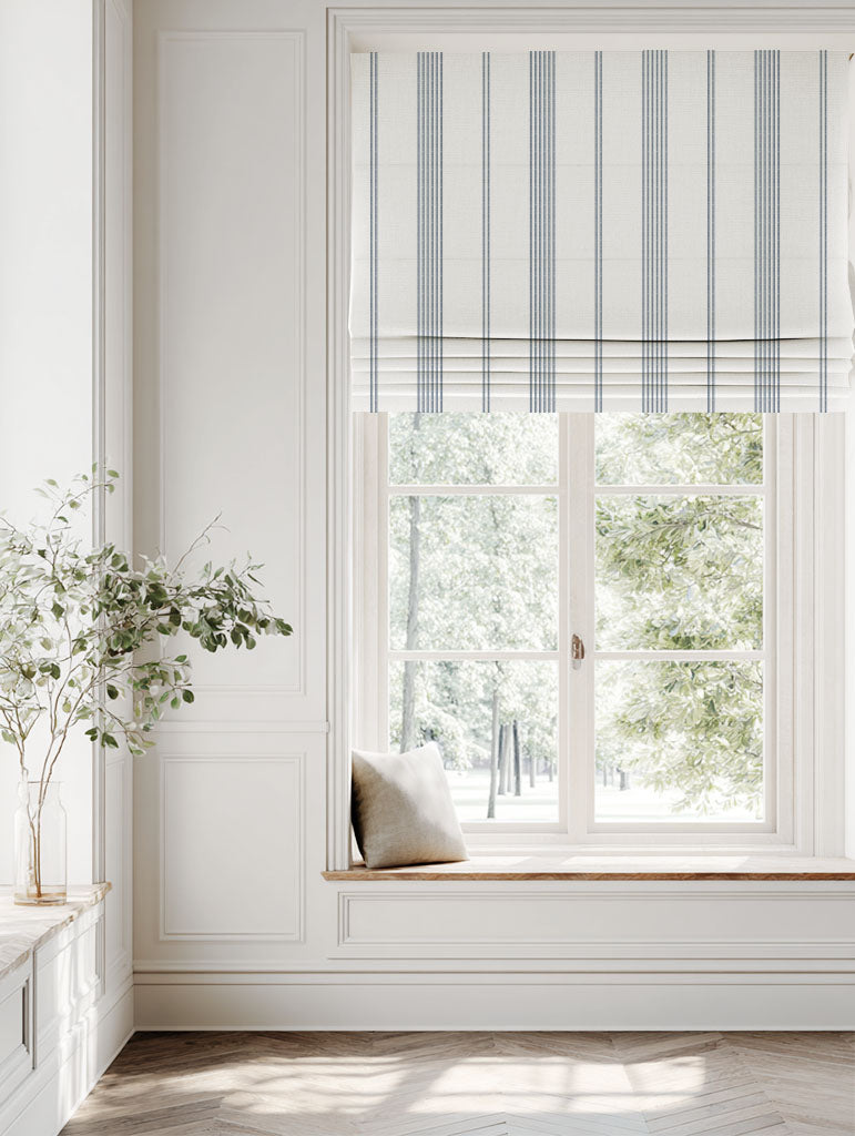 Blue Striped Linen Roman blind - Brea Ink-WHT - White base fabric.