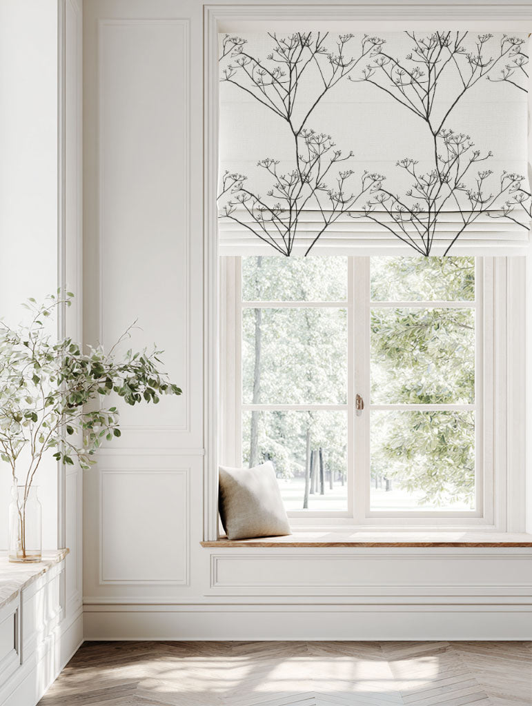 Black Floral Linen Roman blind - Cicely Black - White base fabric.