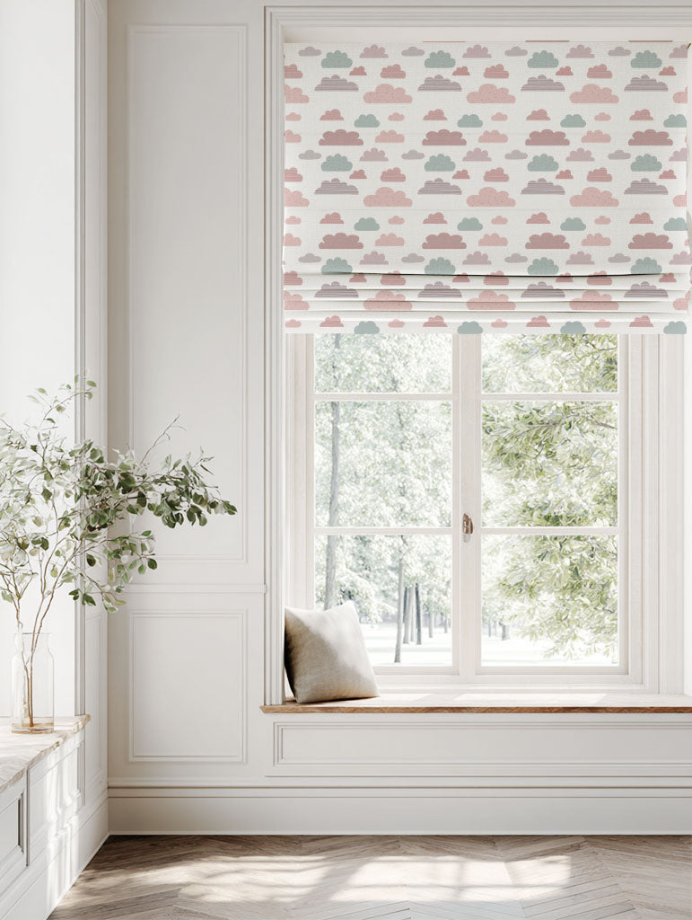 Pink Kids Linen Roman blind - Cloud Dreams Pink - White base fabric.