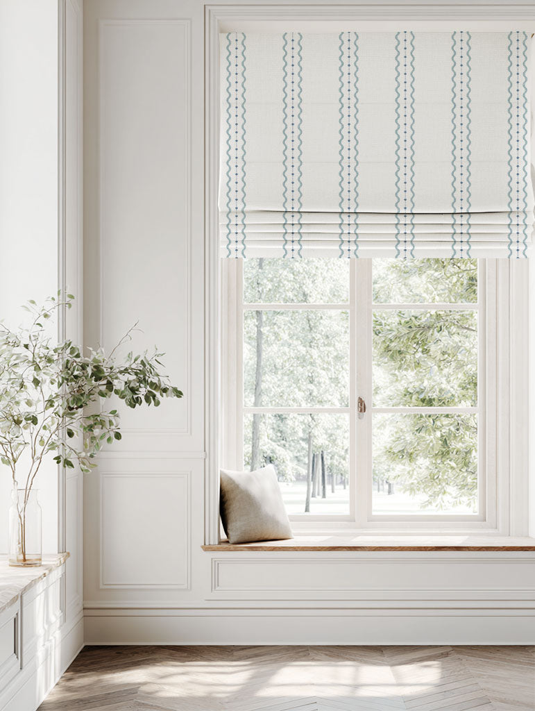 Blue Striped Linen Roman blind - Daphne Blue-WHT - White base fabric.
