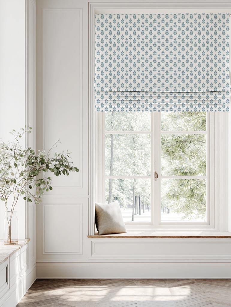 Blue Floral Linen Roman Blind - Doris Paris Blue-WHT - White base fabric.