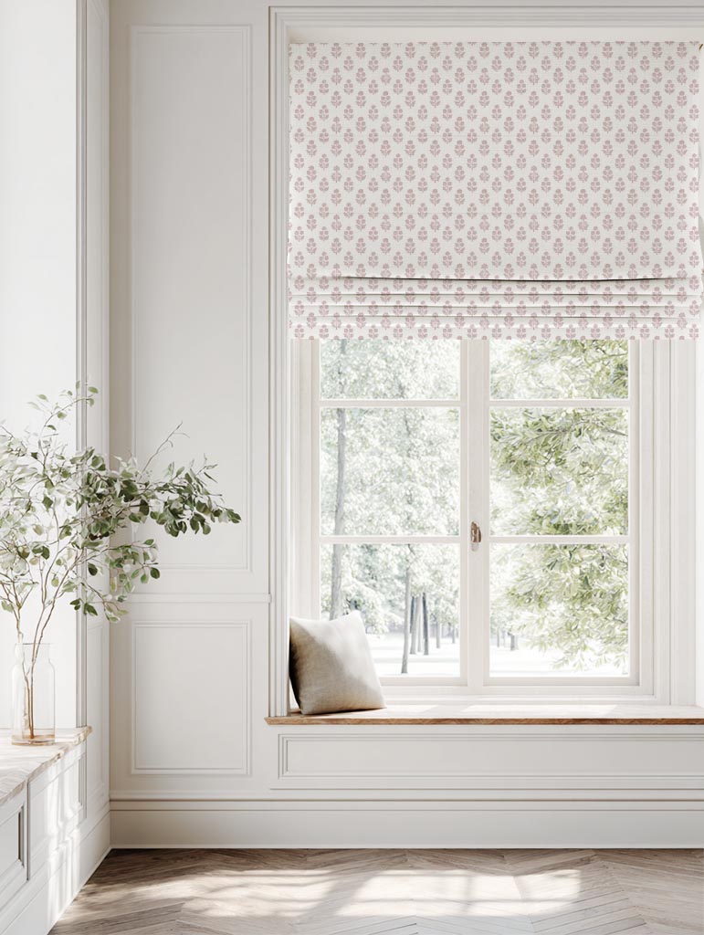 Pink Floral Linen Roman Blind - Doris Peony-WHT - White base fabric.