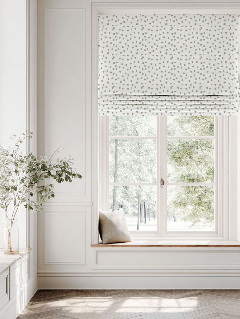 Green Spotted Linen Roman blind - Dottie Meadow-WHT - White base fabric.