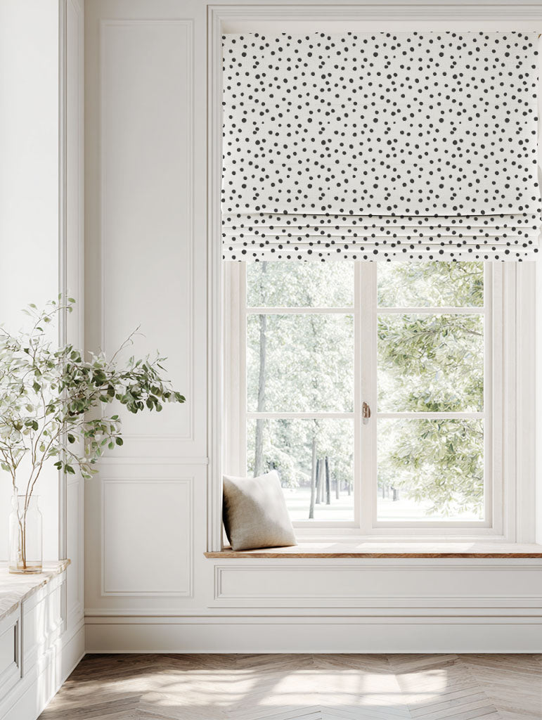 Black Spotted Linen Roman blind - Dottie Noir-WHT - White base fabric.