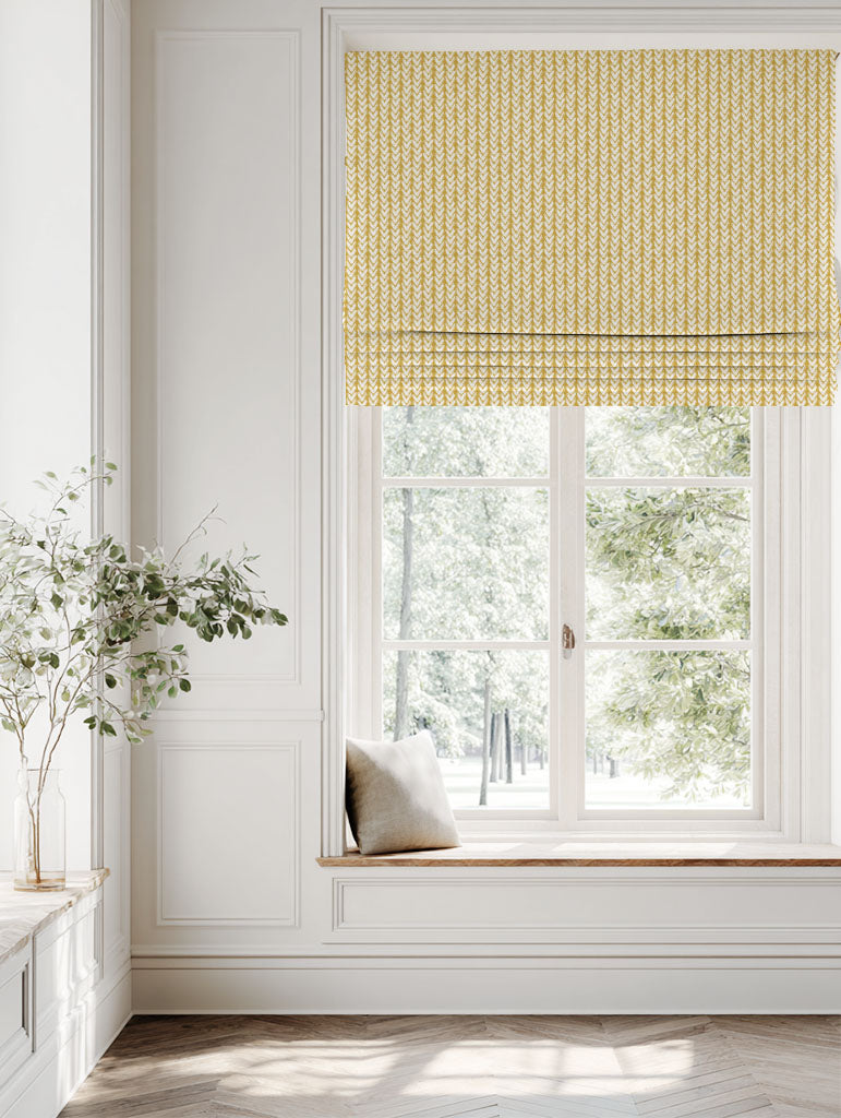 Yellow Patterned Linen Roman blind - Fia Dijon - White base fabric.