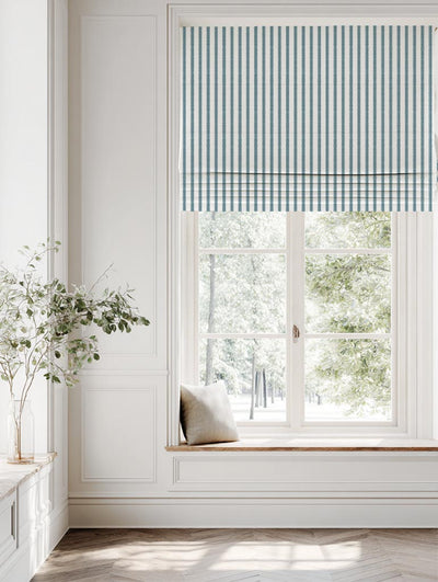 Blue Patterned Linen Roman Blind - Fionna Paris Blue-WHT - White base fabric.