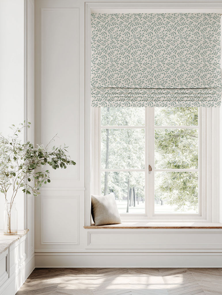 Green Botanical Linen Roman blind - Fita Sage-WHT - White base fabric.