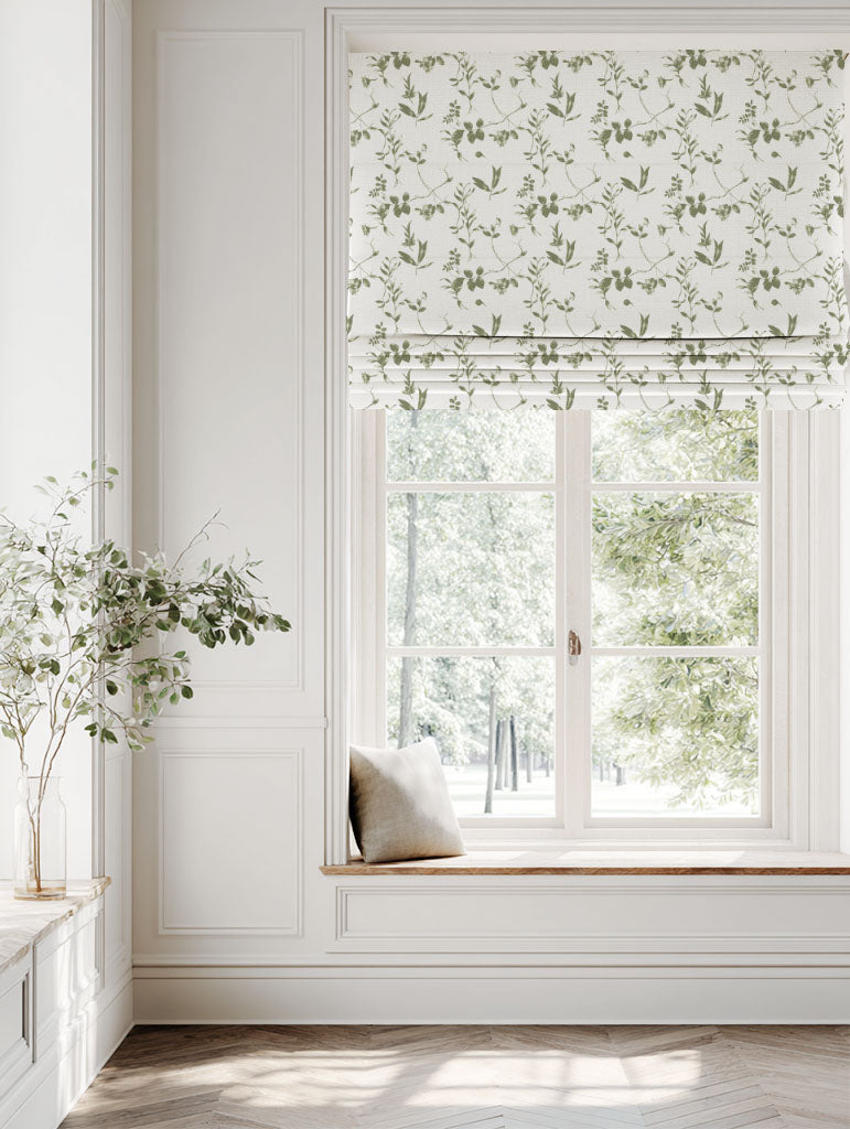 Green Floral Linen Roman blind - Flora Moss-WHT - White base fabric.