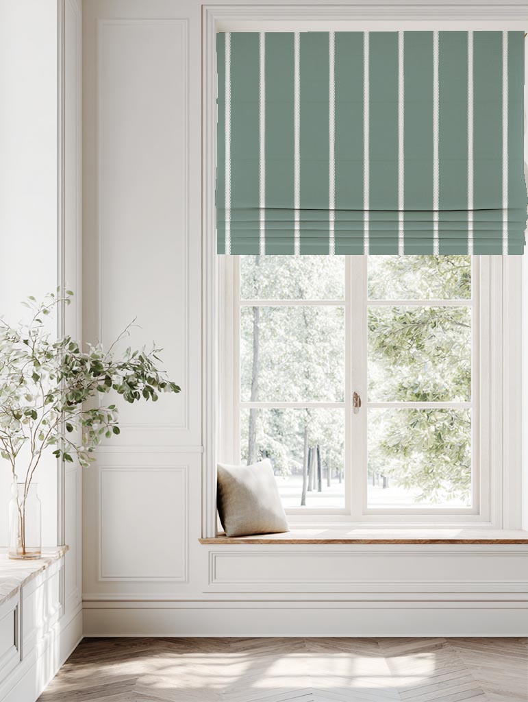 Light Green Striped Linen Roman Blind - Franny Sage-WHT - White base fabric.