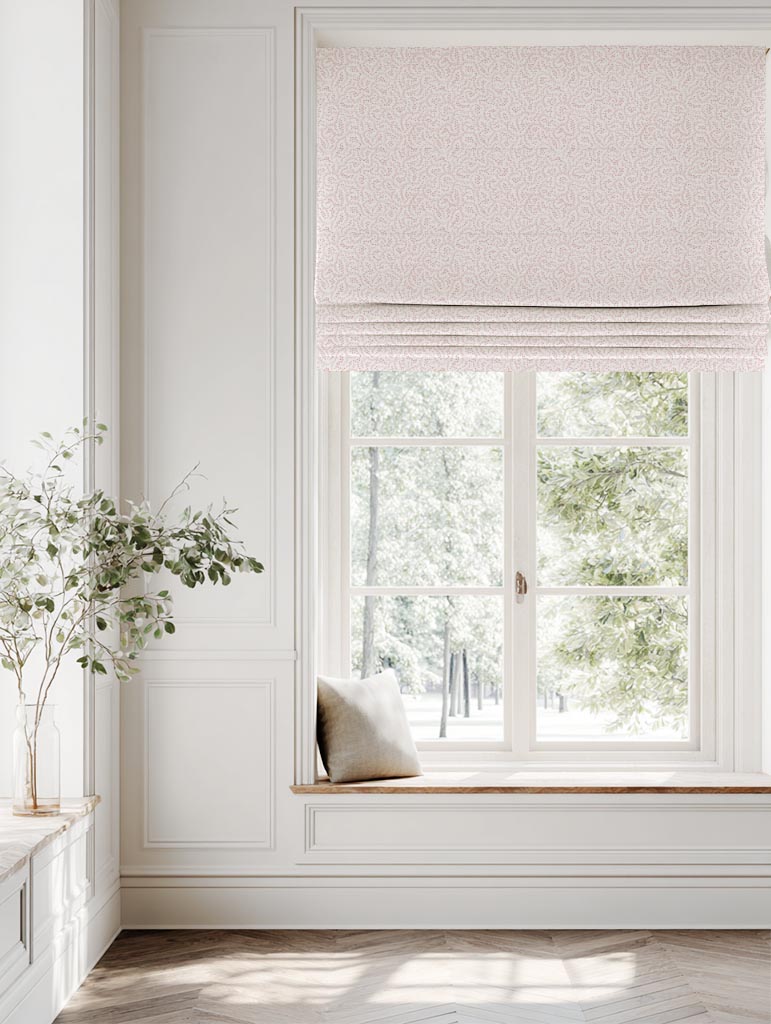 Pink Abstract Linen Roman Blind - Freeda Dusty Pink-WHT - White base fabric.