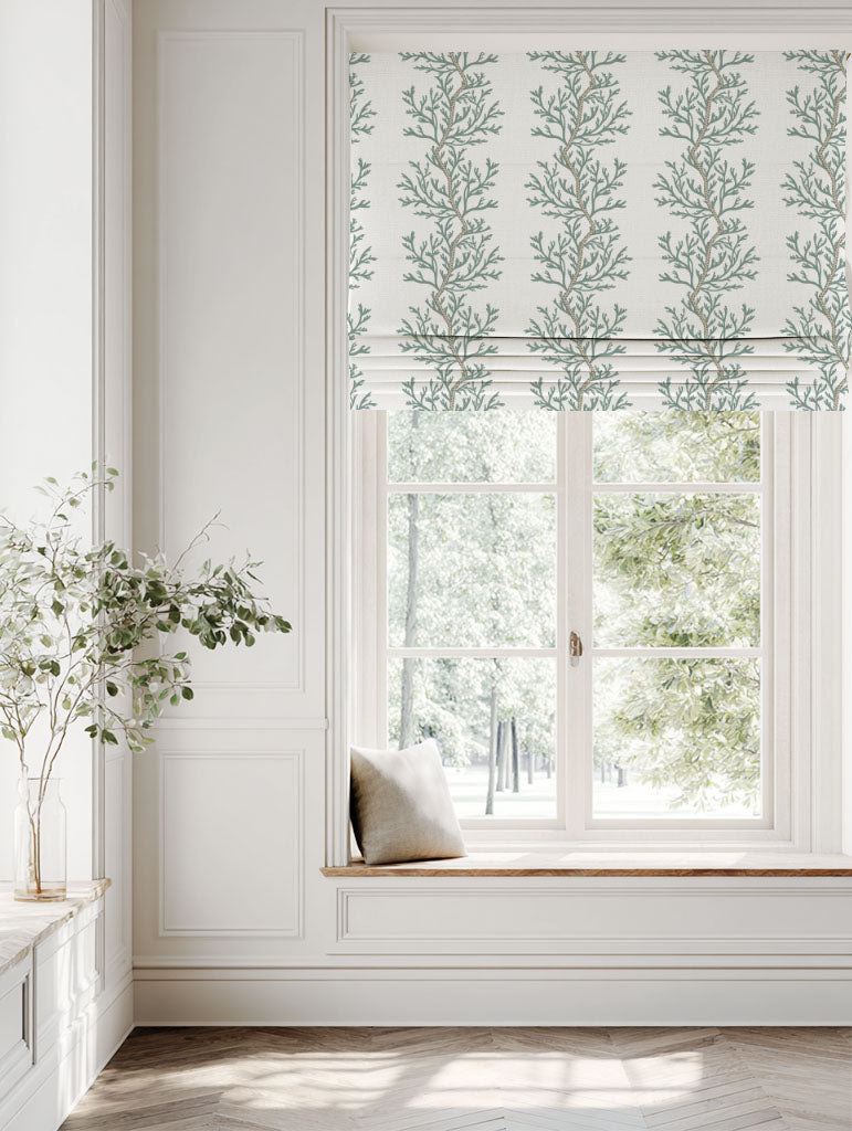 Green Botanical Linen Roman blind - Galilea Sage - White base fabric.