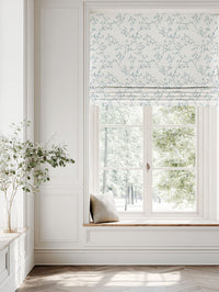 Blue Botanical Linen Roman blind - Goldfinch Shadow Blue WHT - White base fabric.