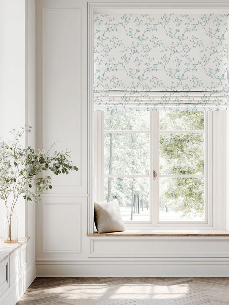 Blue Botanical Linen Roman blind - Goldfinch Shadow Blue WHT - White base fabric.