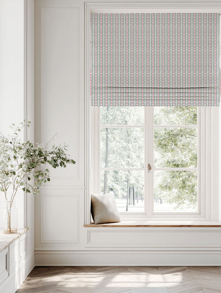 Red Patterned Linen Roman blind - Hilda Cherry - White base fabric.