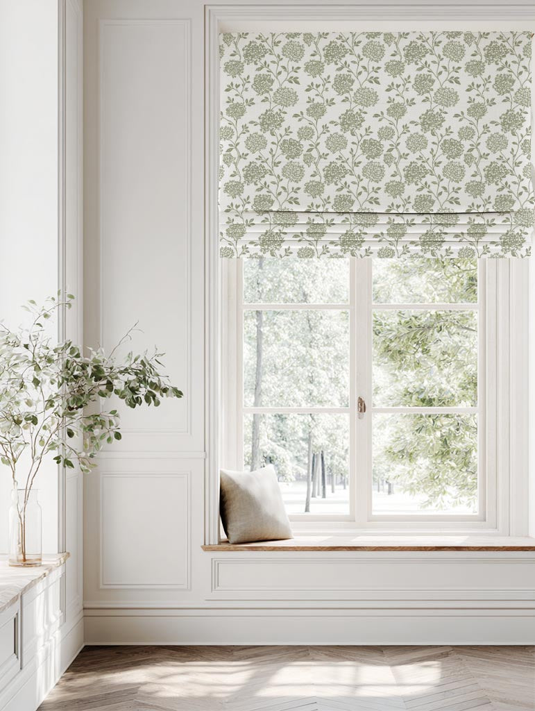 Green Floral Linen Roman Blind - Hulsey Moss-WHT - White base fabric.