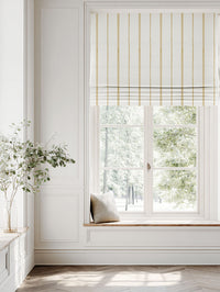 Yellow Striped Linen Roman blind - Inga Gold Rod - White base fabric.