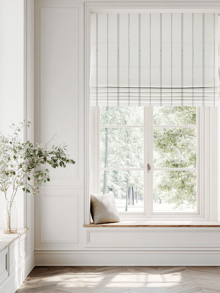 Grey Striped Linen Roman blind - Inga Greige - White base fabric.