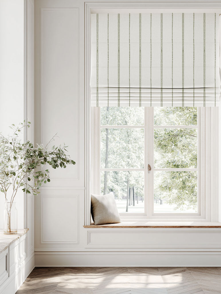 Green Striped Linen Roman blind - Inga Moss - White base fabric.