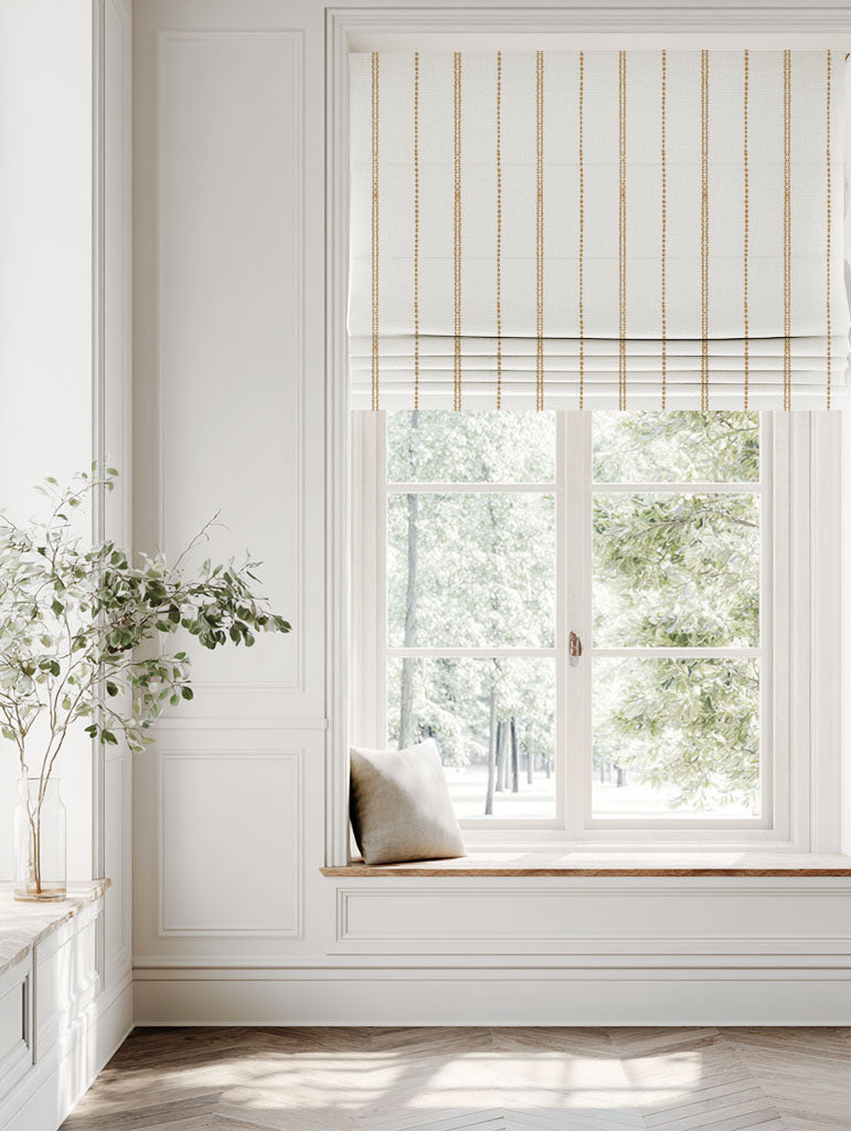 Orange / Yellow Striped Linen Roman blind - Inga Ochre - White base fabric.