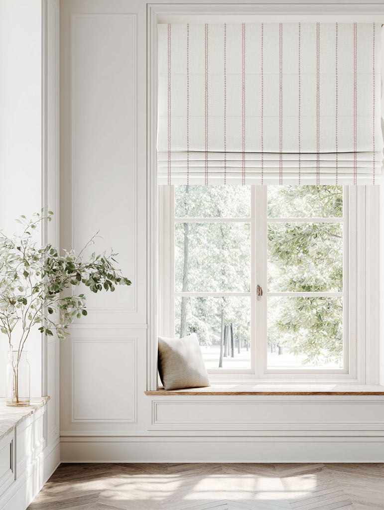 Pink Striped Linen Roman blind - Inga Peony - White base fabric.