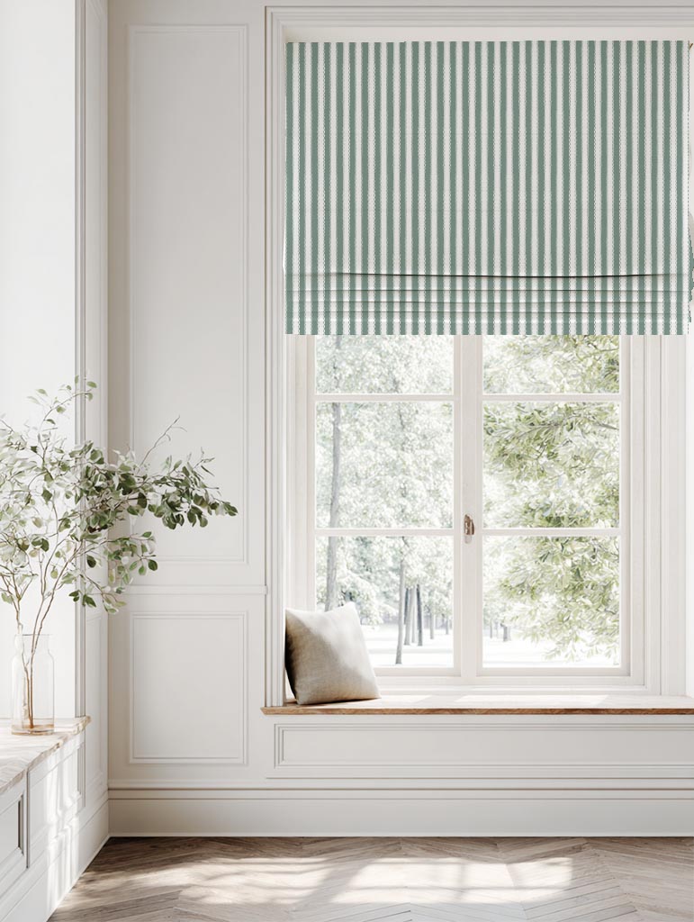 Light Green Striped Linen Roman Blind - Lisabella Sage-WHT - White base fabric.