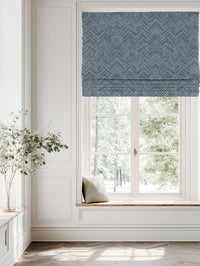 Blue Patterned Linen Roman blind - Lulu Ink - White base fabric.