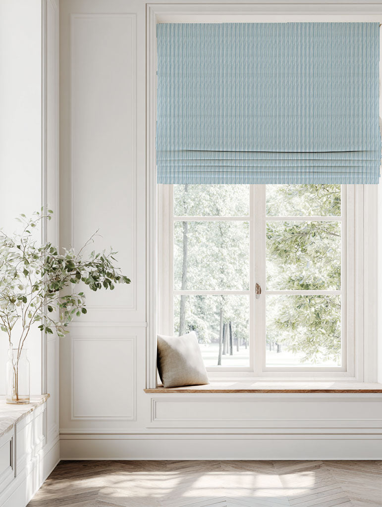 Blue Striped Linen Roman blind - Maisa Blue Mist - White base fabric.