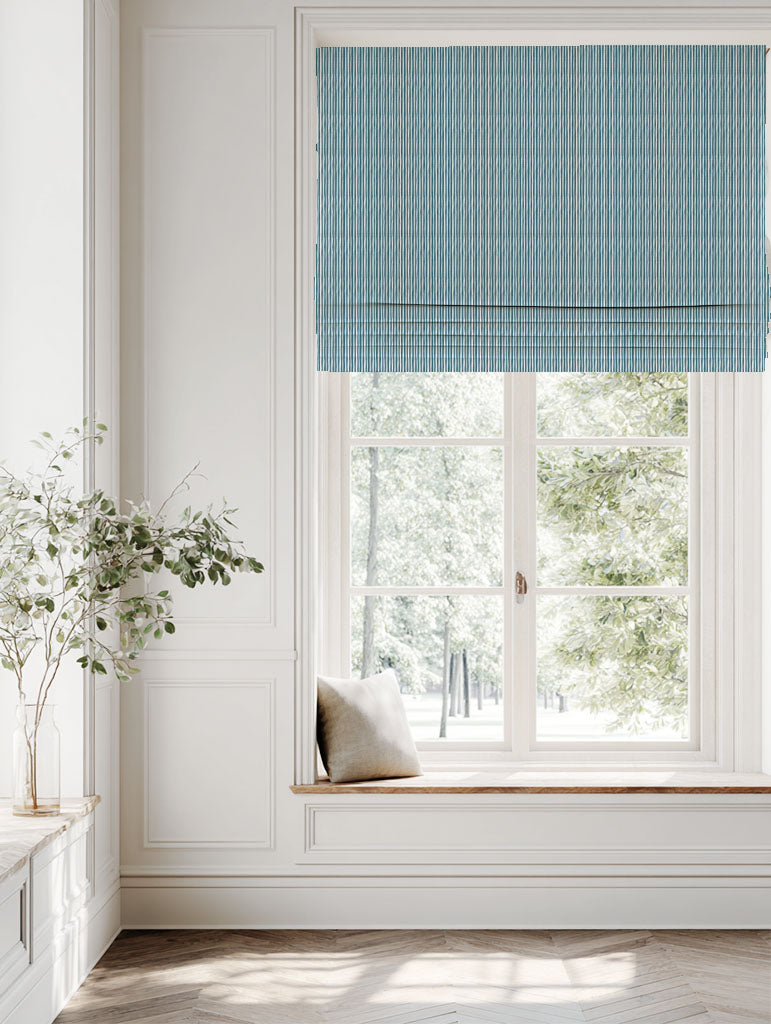 Blue Striped Linen Roman blind - Maisa Blue Stone - White base fabric.