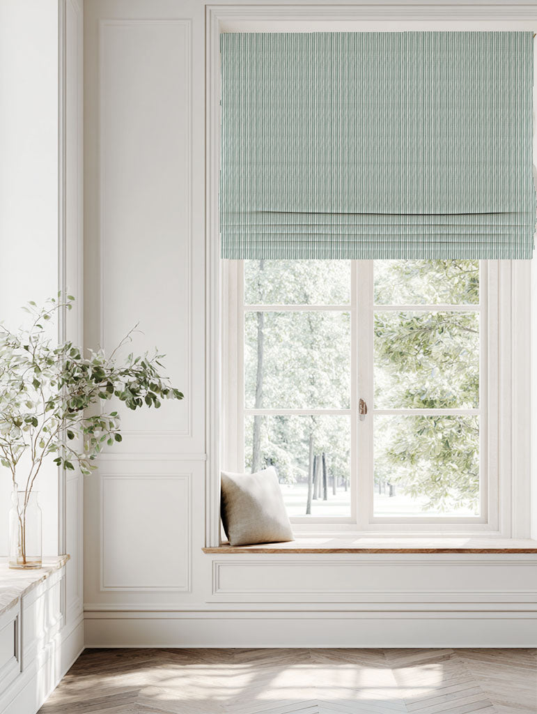 Green Striped Linen Roman blind - Maisa Sage - White base fabric.